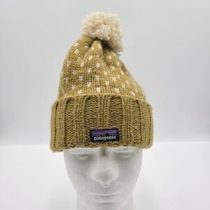 B55 Patagonia Unisex Yellow Lined Cuffed Snowbelle Beanie Wool Blend Pom Winter